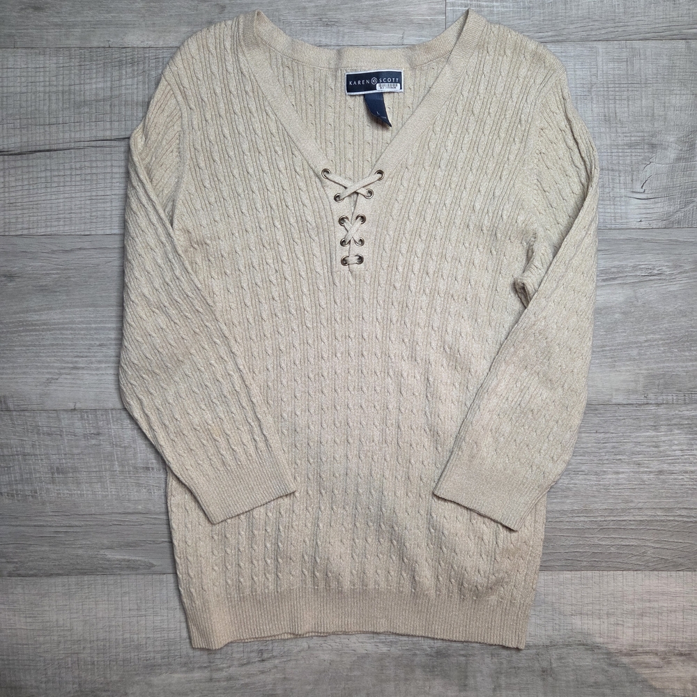 KAREN SCOTT  Lace Up quarter Sleeve Pullover Tan Knit Sweater 100% cotton large